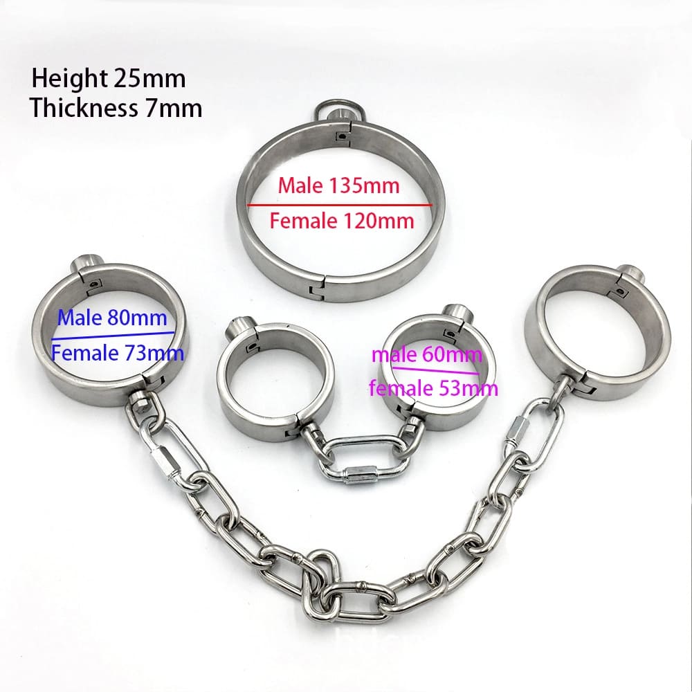 Omnia-Stainless-Steel-BDSM-Set-Locking-Collar-Handcuffs-Ankle-Shackles