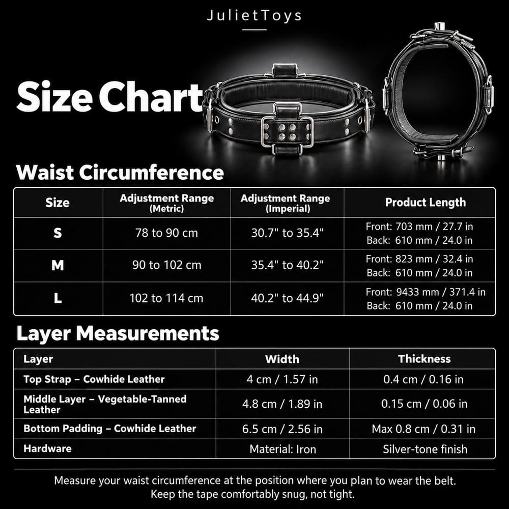 JulietToys Leather BDSM Waist Belt with Padded Lining - 3 Sizes