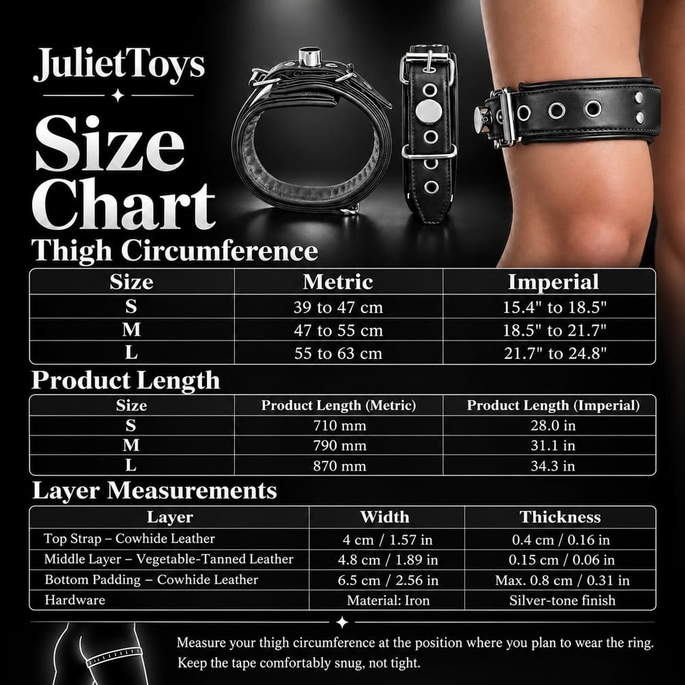 JulietToys Leather Thigh Cuffs with Padded Lining - 3 Sizes